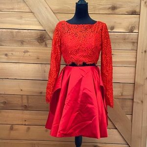 BRLMALL Red Two Piece Dress Set - Lace Top and Satin Skirt